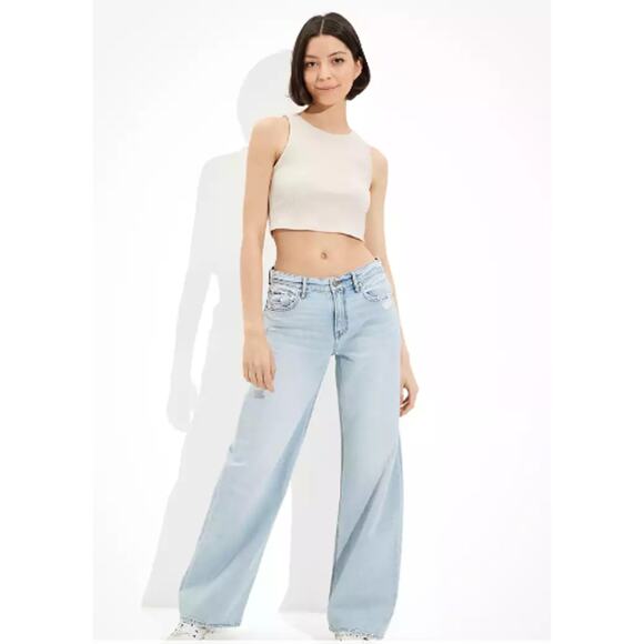 American Eagle Lowrise Baggy Wide Leg Skater Jean 18 Light Denim Distress NEW - Picture 2 of 11